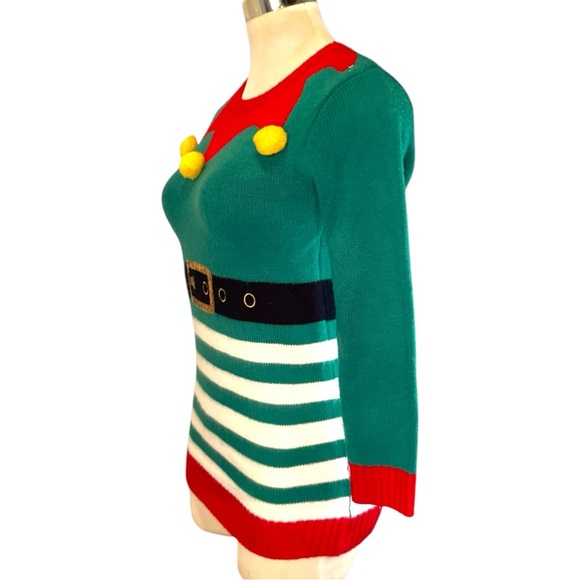 Christmas Sweater Holiday Elf Green and Red - Picture 4 of 11